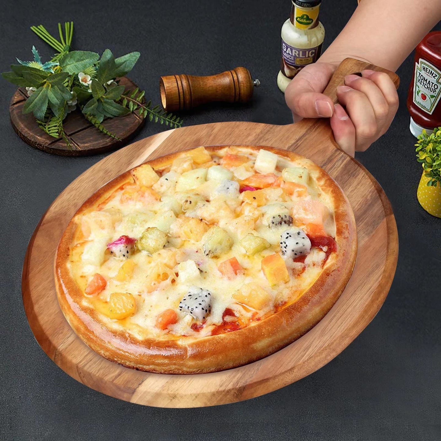Acacia Wood Cutting Board with Handle Wooden Chopping Board Round Paddle