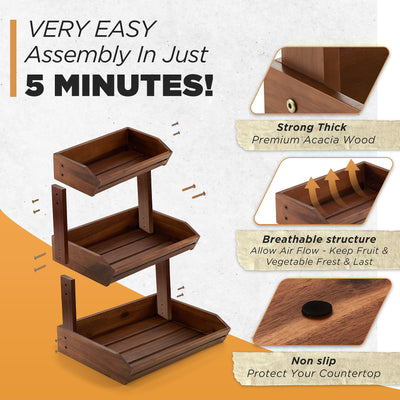 Acacia Wood Fruit Basket - Fruit Bowl for Kitchen Counter, Extra Large Made in USA