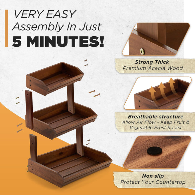 Acacia Wood Fruit Basket - Fruit Bowl for Kitchen Counter, Extra Large Made in USA