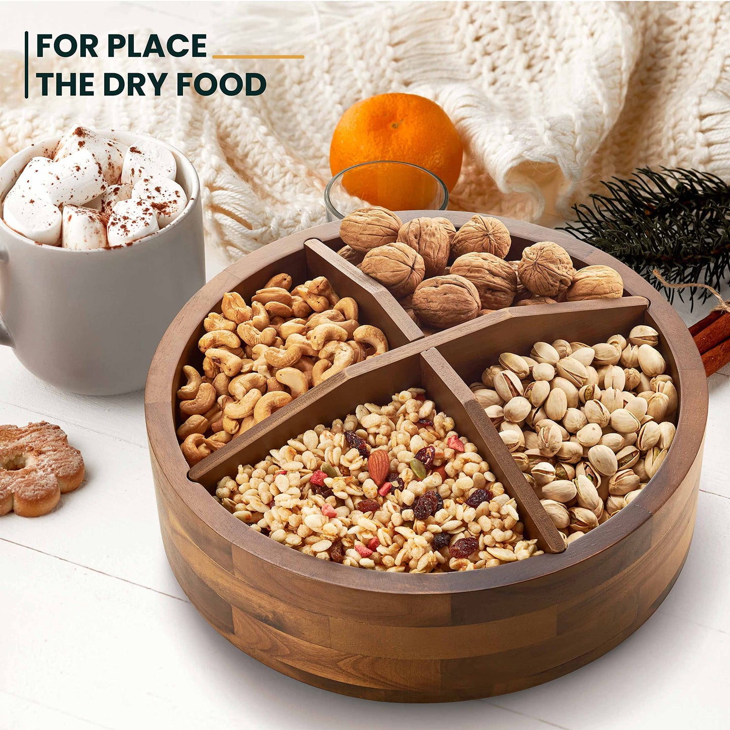 12" Acacia Wood Lazy Susan Organizer with 4 Dividers - Kitchen Storage Food