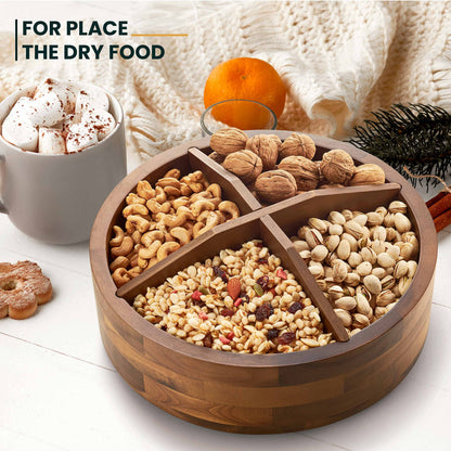 12" Acacia Wood Lazy Susan Organizer with 4 Dividers - Kitchen Storage Food